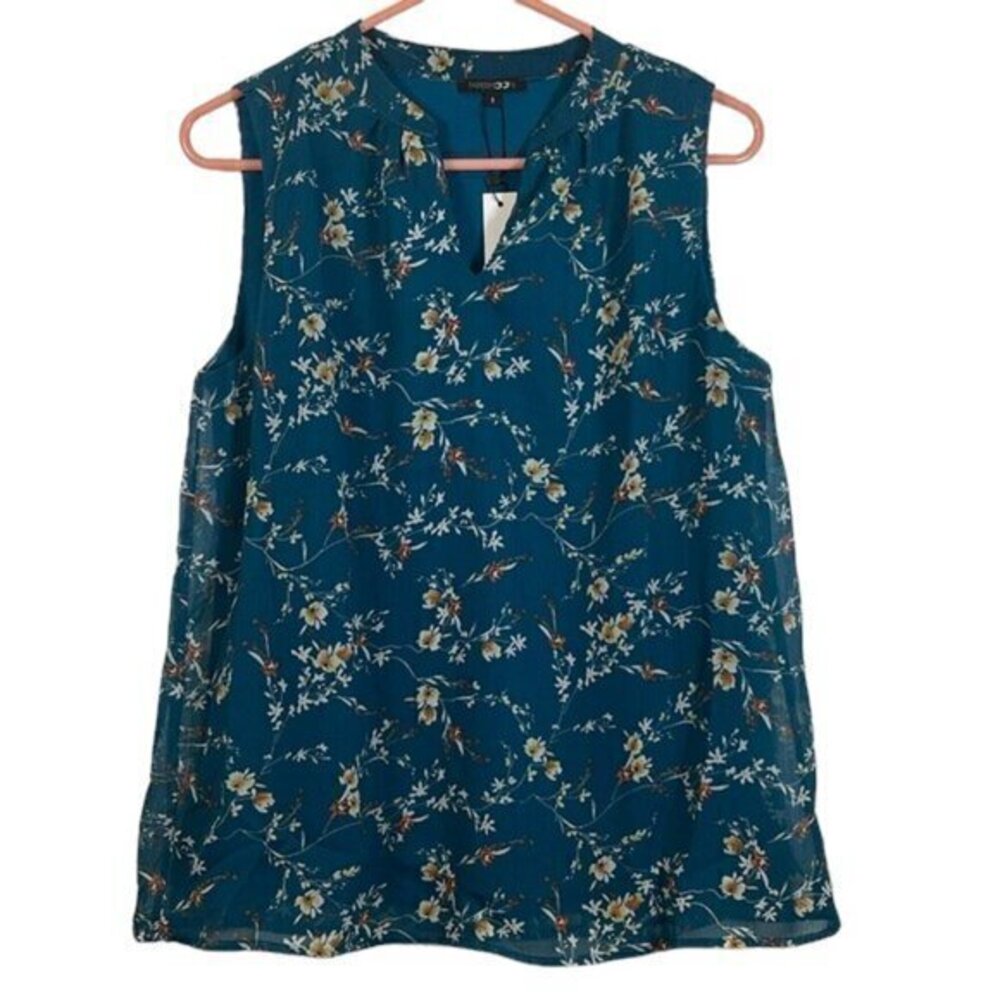 Women's Papermoon Teal V-Neck Floral Sleeveless Flowy Flounce Blouse Size Small